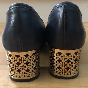 Barely-worn Tory Burch dark navy (almost black) gold-detailed 2” heels